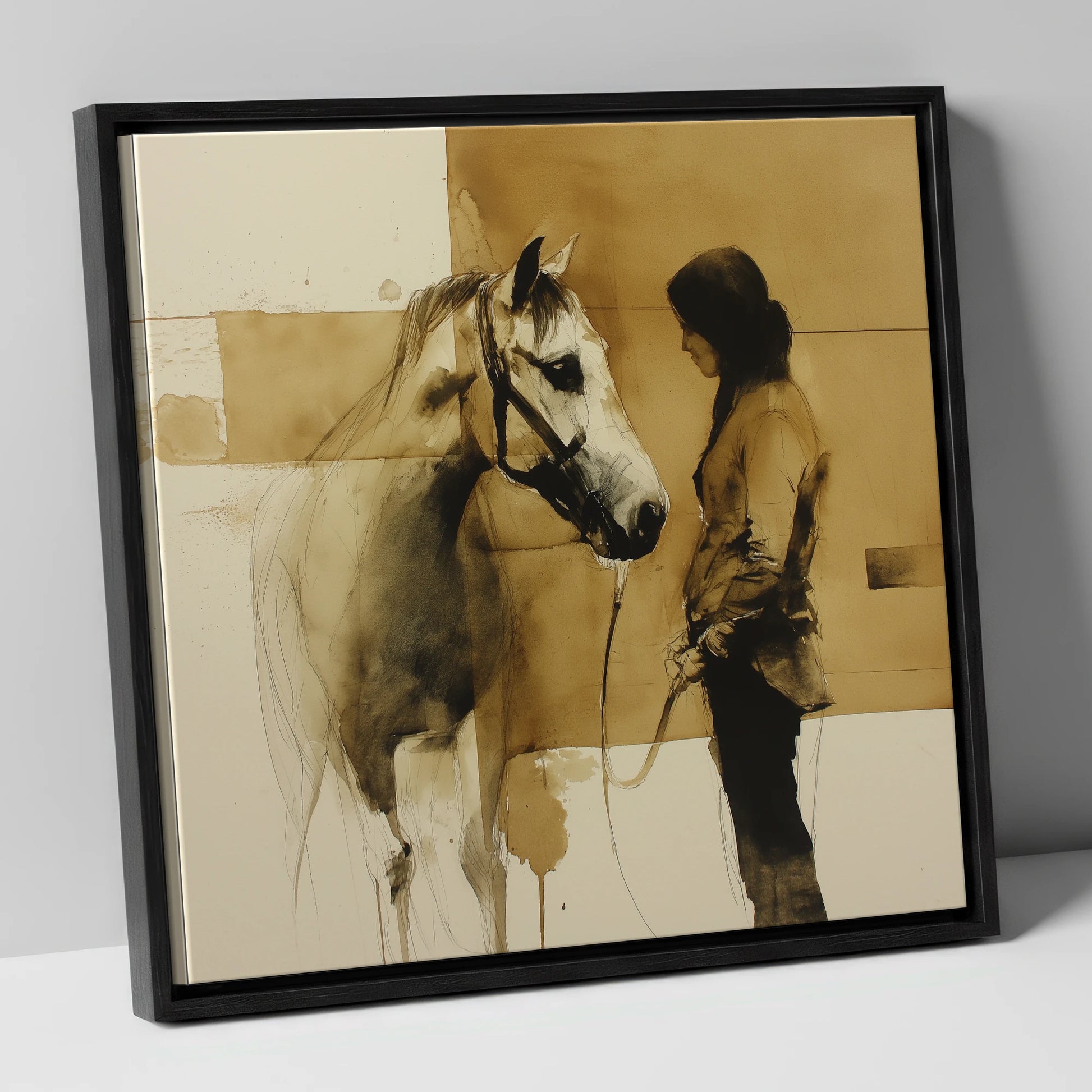 Silent Dialogue horse & rider canvas wall art in black frame