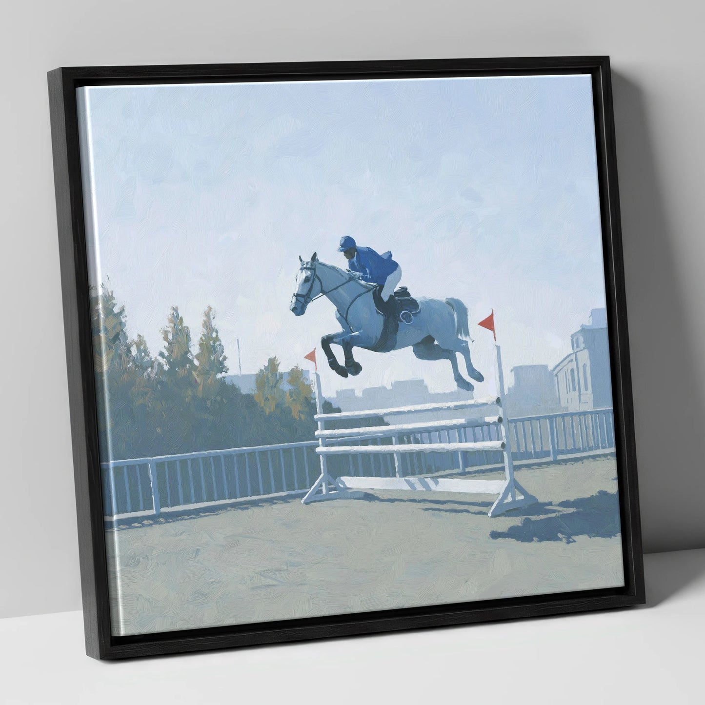 Airborne in Blue show jumping horse canvas wall art in black frame