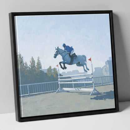 Airborne in Blue show jumping horse canvas wall art in black frame