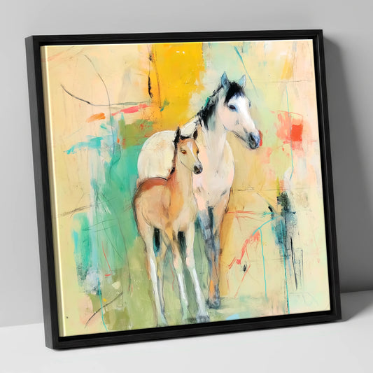Gentle Guardianship mare & foal canvas wall art in black frame