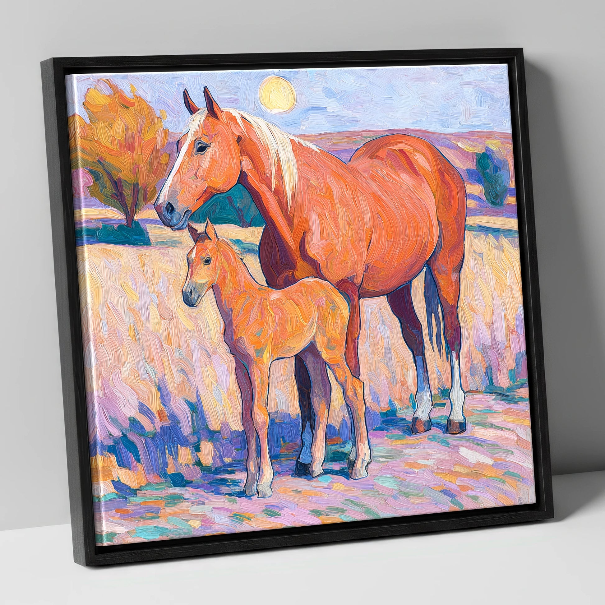 Radiant Chestnut Bond mare & foal canvas wall art in black frame