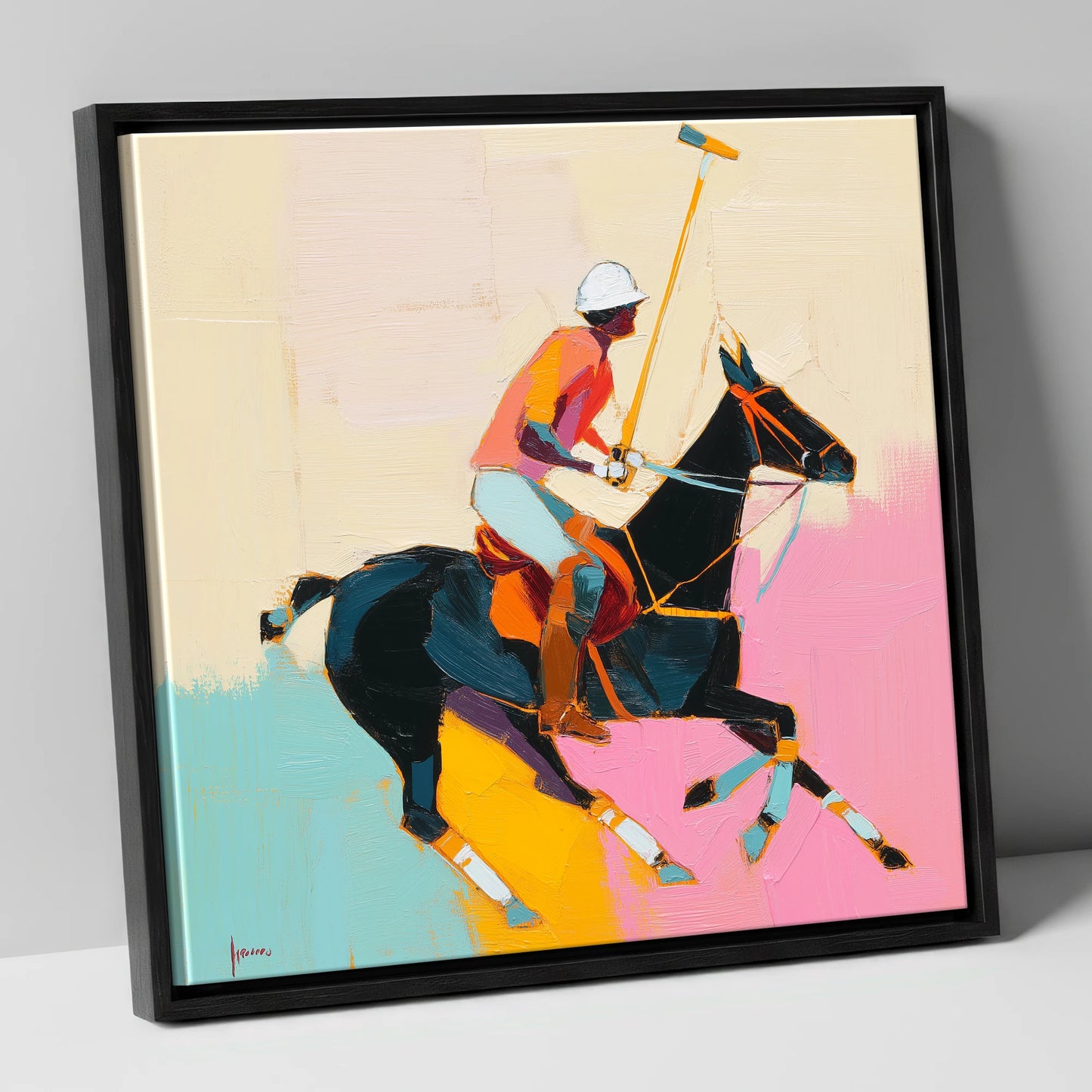 The Vibrant Chukka polo horse canvas wall art in black frame