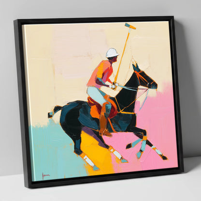 The Vibrant Chukka polo horse canvas wall art in black frame