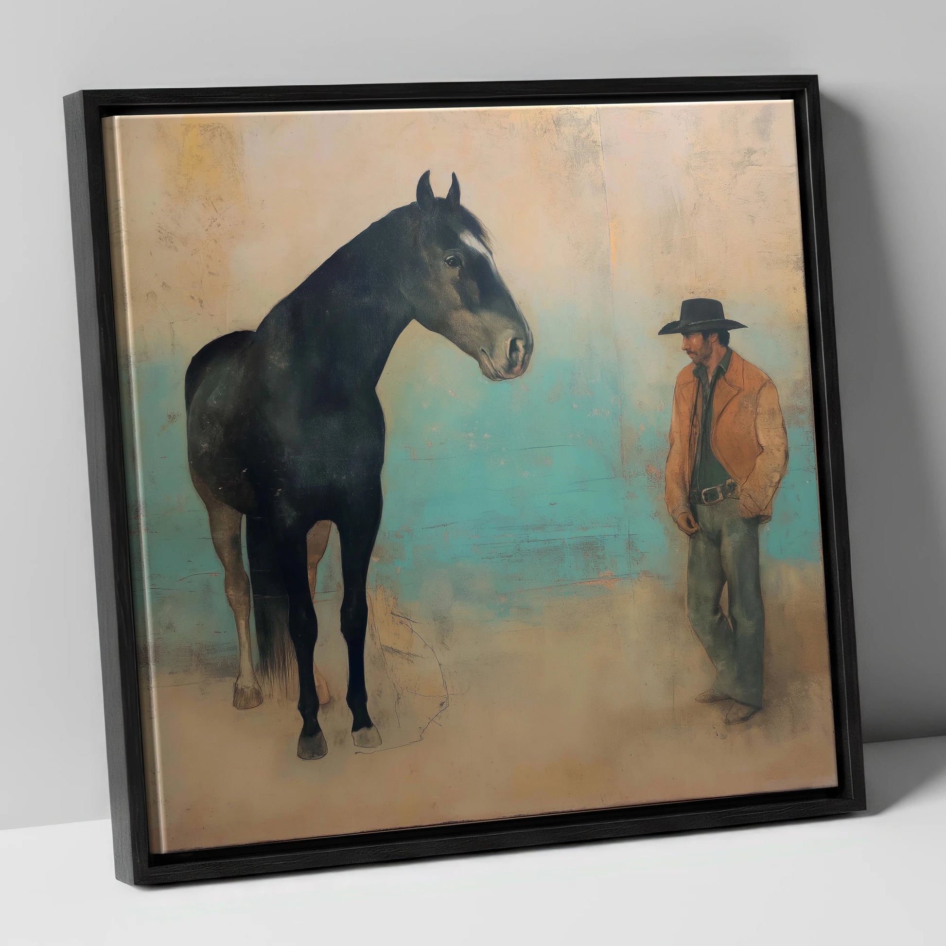 The Quiet Accord western horse canvas wall art in black frame