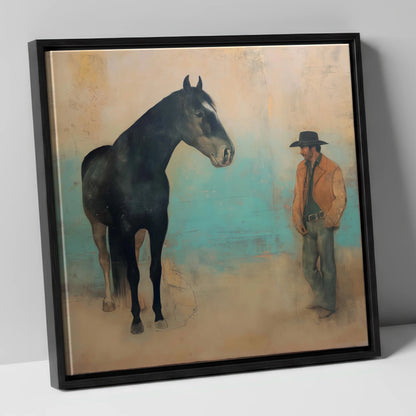 The Quiet Accord western horse canvas wall art in black frame