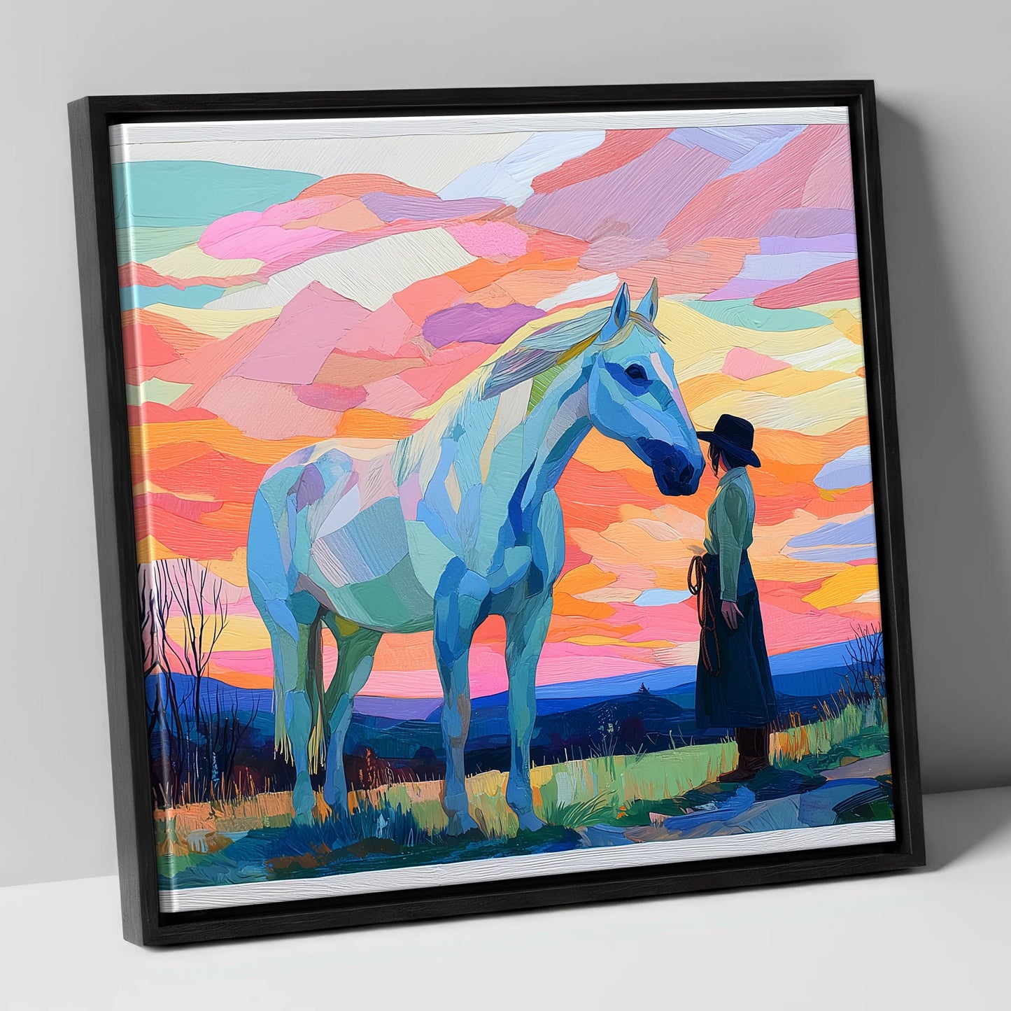 Vibrant Horizon Partnership horse & rider canvas wall art in black frame