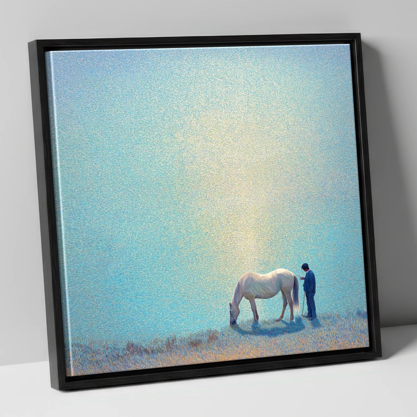 Beside Still Waters horse & rider canvas wall art in black frame