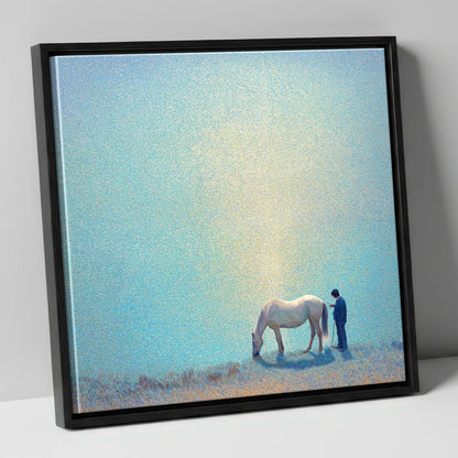 Beside Still Waters horse & rider canvas wall art in black frame