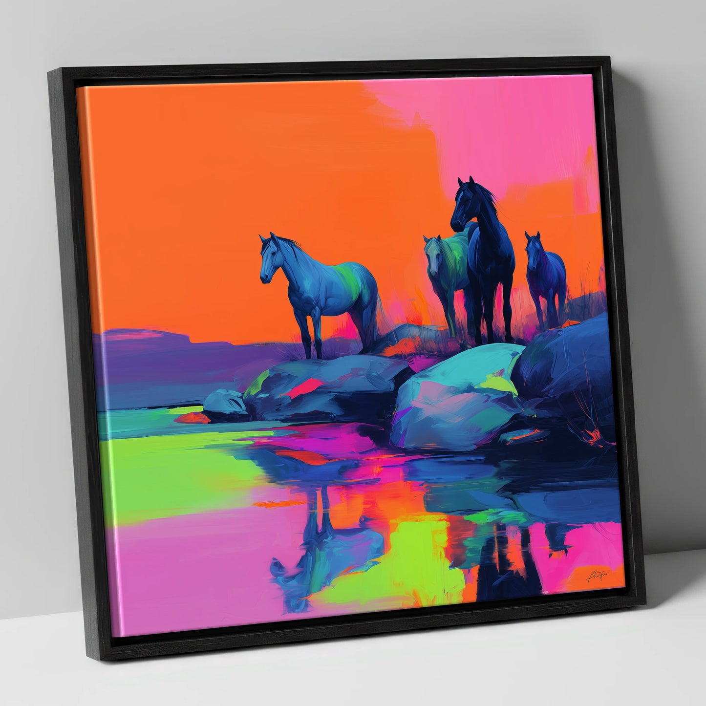 Neon Horizon Horses wild horses canvas wall art in black frame