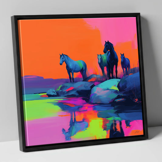 Neon Horizon Horses wild horses canvas wall art in black frame