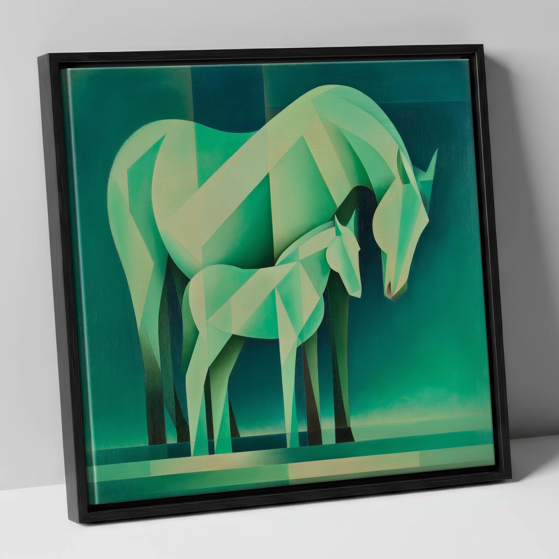 Verdant Harmony mare & foal canvas wall art in black frame