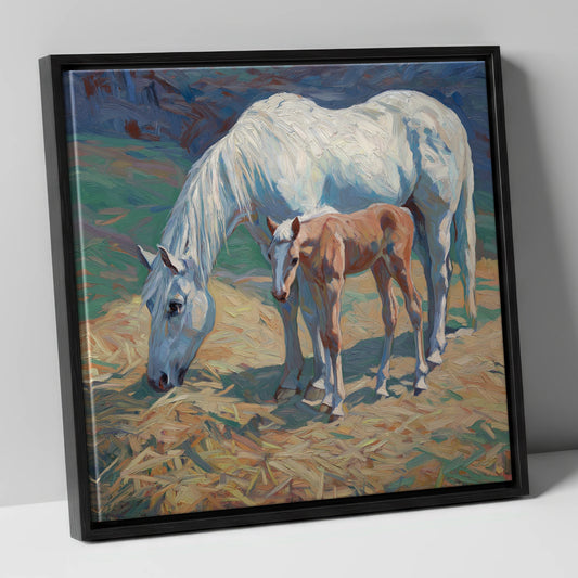 Sunlit Grey and Foal mare & foal canvas wall art in black frame