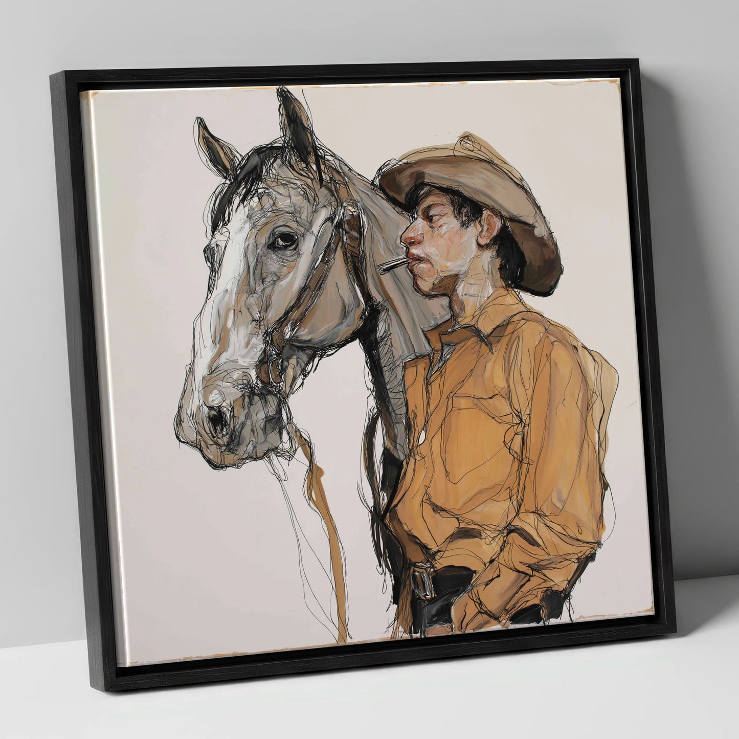 The Silent Bond western horse canvas wall art in black frame