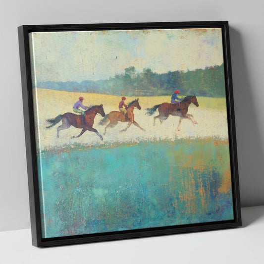 Racehorses Above Turquoise Wash racing horse canvas wall art in black frame