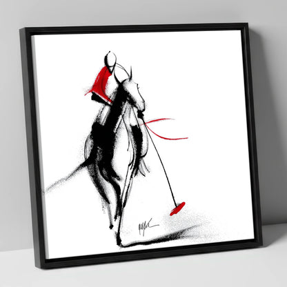 The Crimson Chukka polo horse canvas wall art in black frame