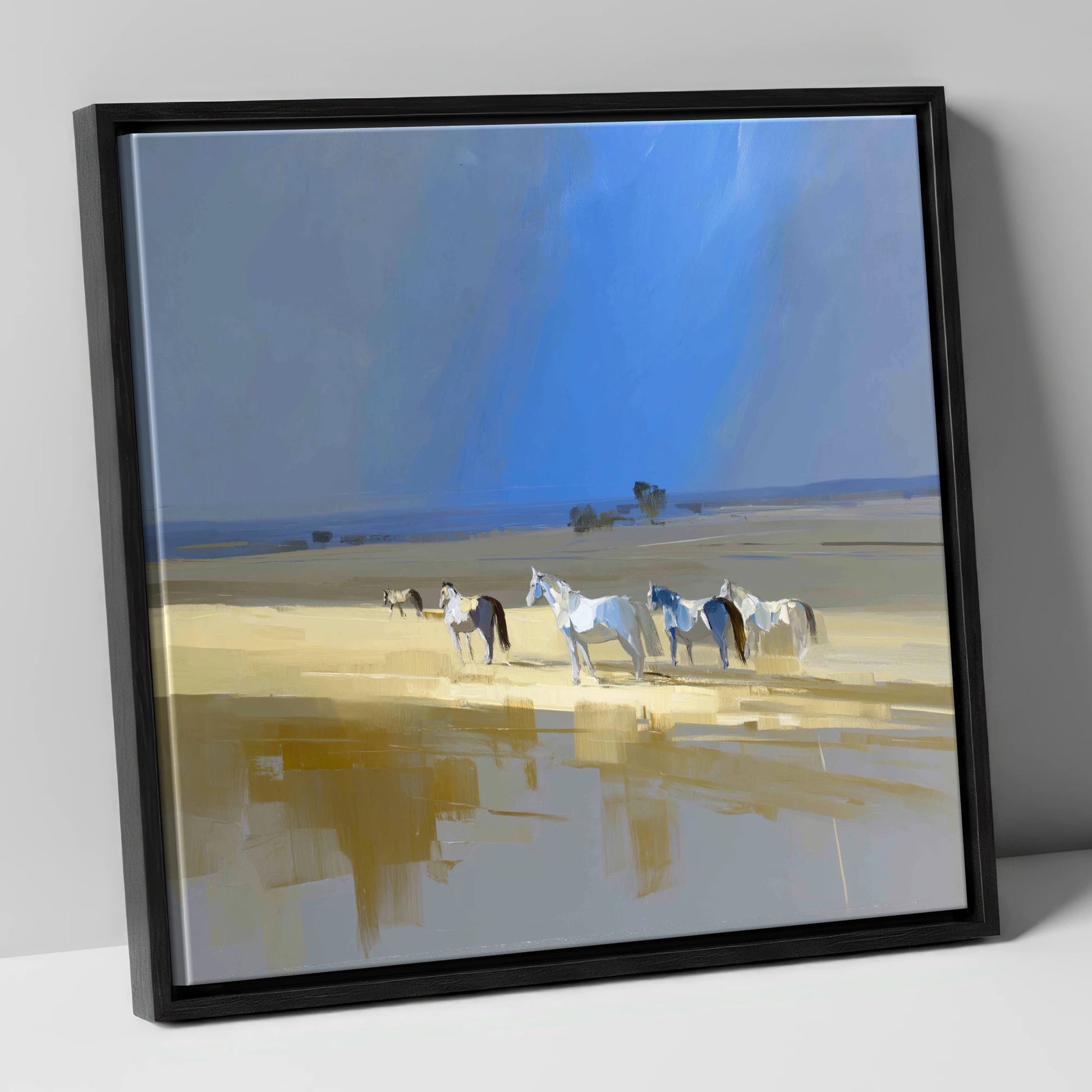 Sunlit Shallows horse landscape canvas wall art in black frame