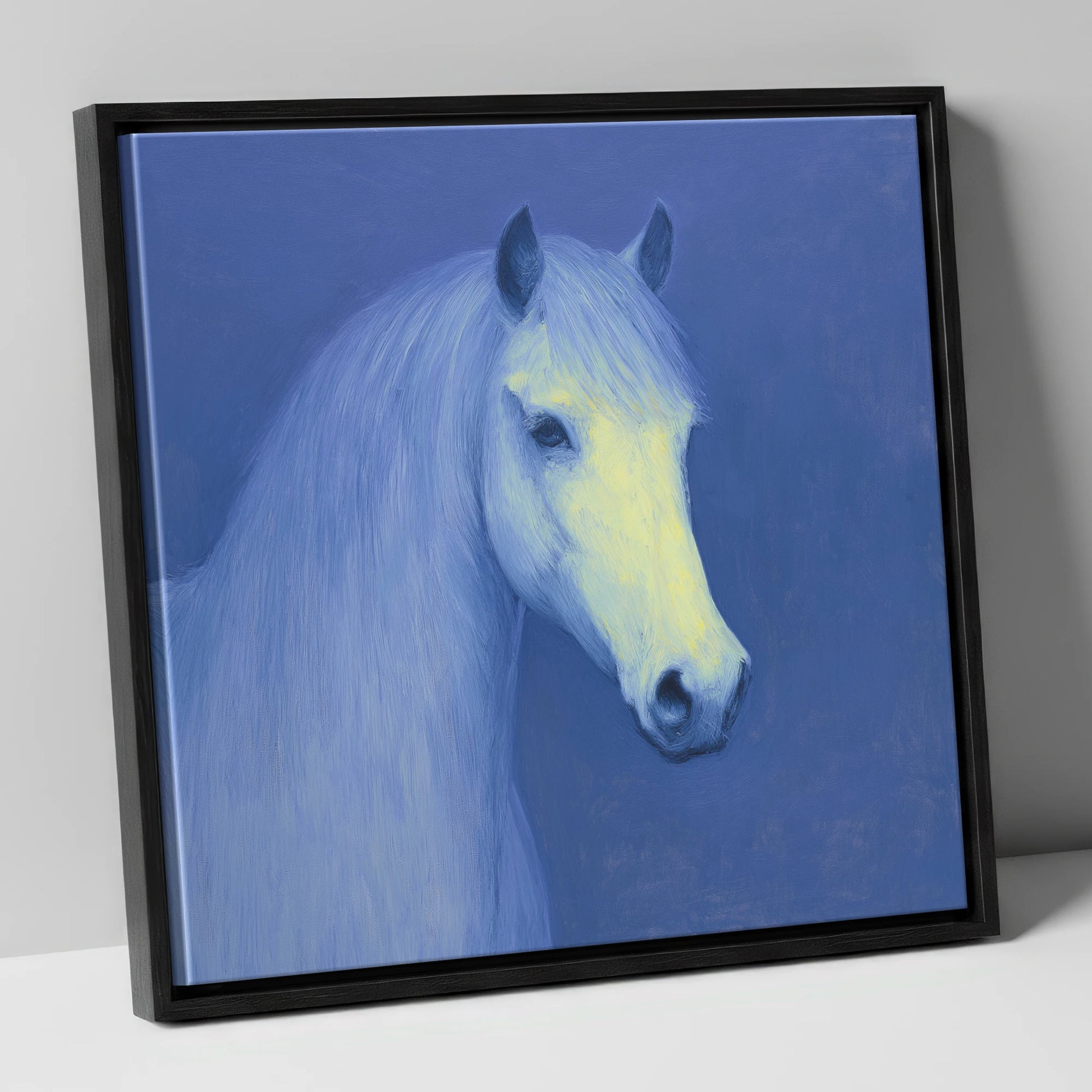 Luminous Blue Portrait horse portrait canvas wall art in black frame