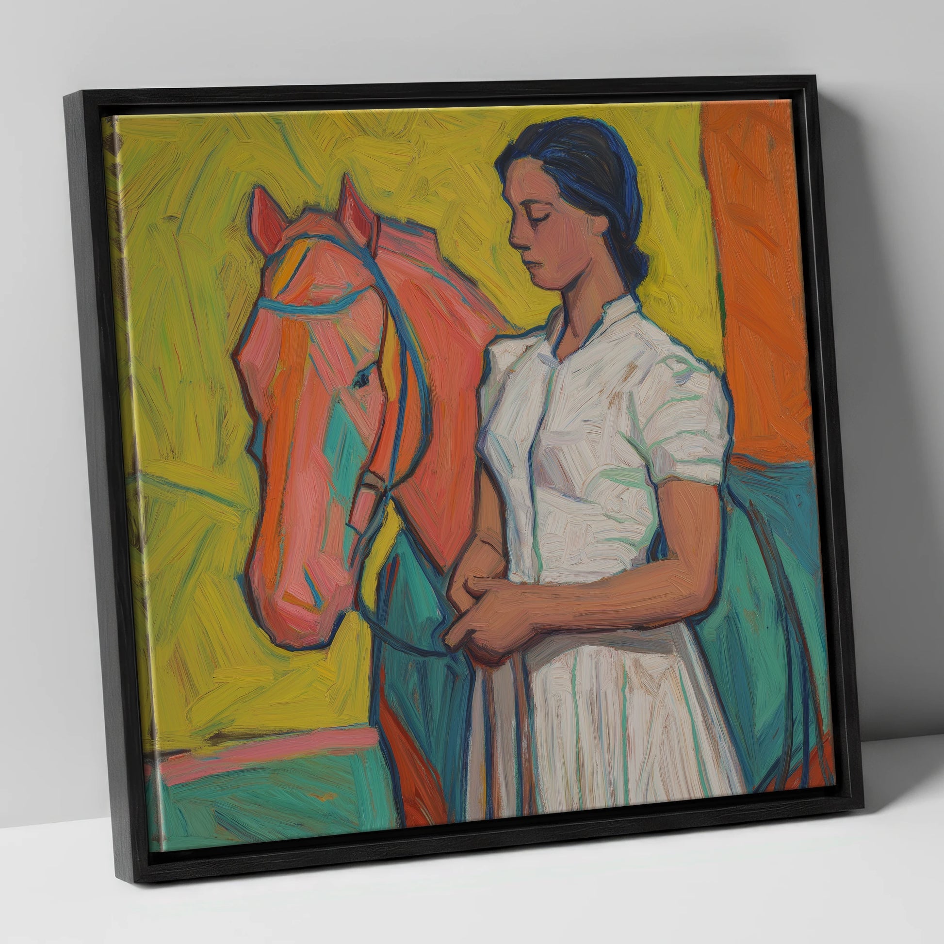 Vibrant Connection horse & rider canvas wall art in black frame