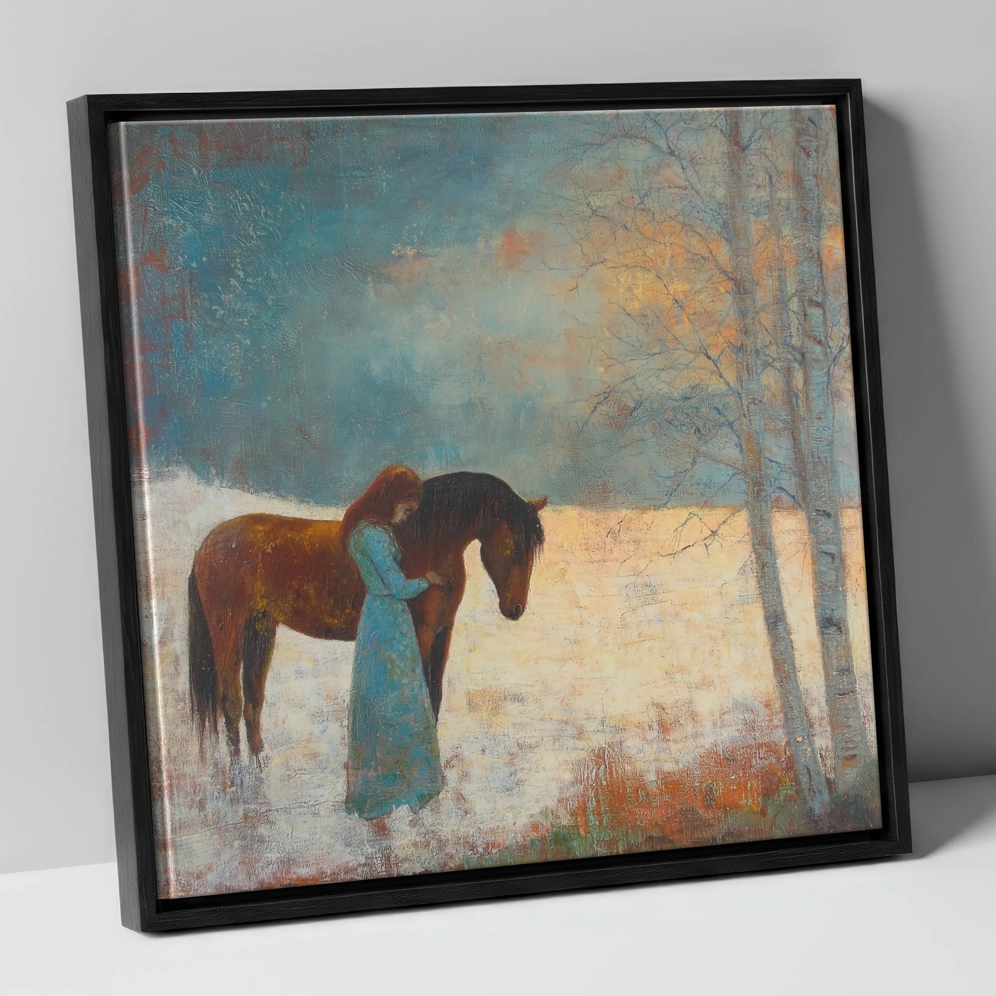 Whispers In Winter horse & rider canvas wall art in black frame