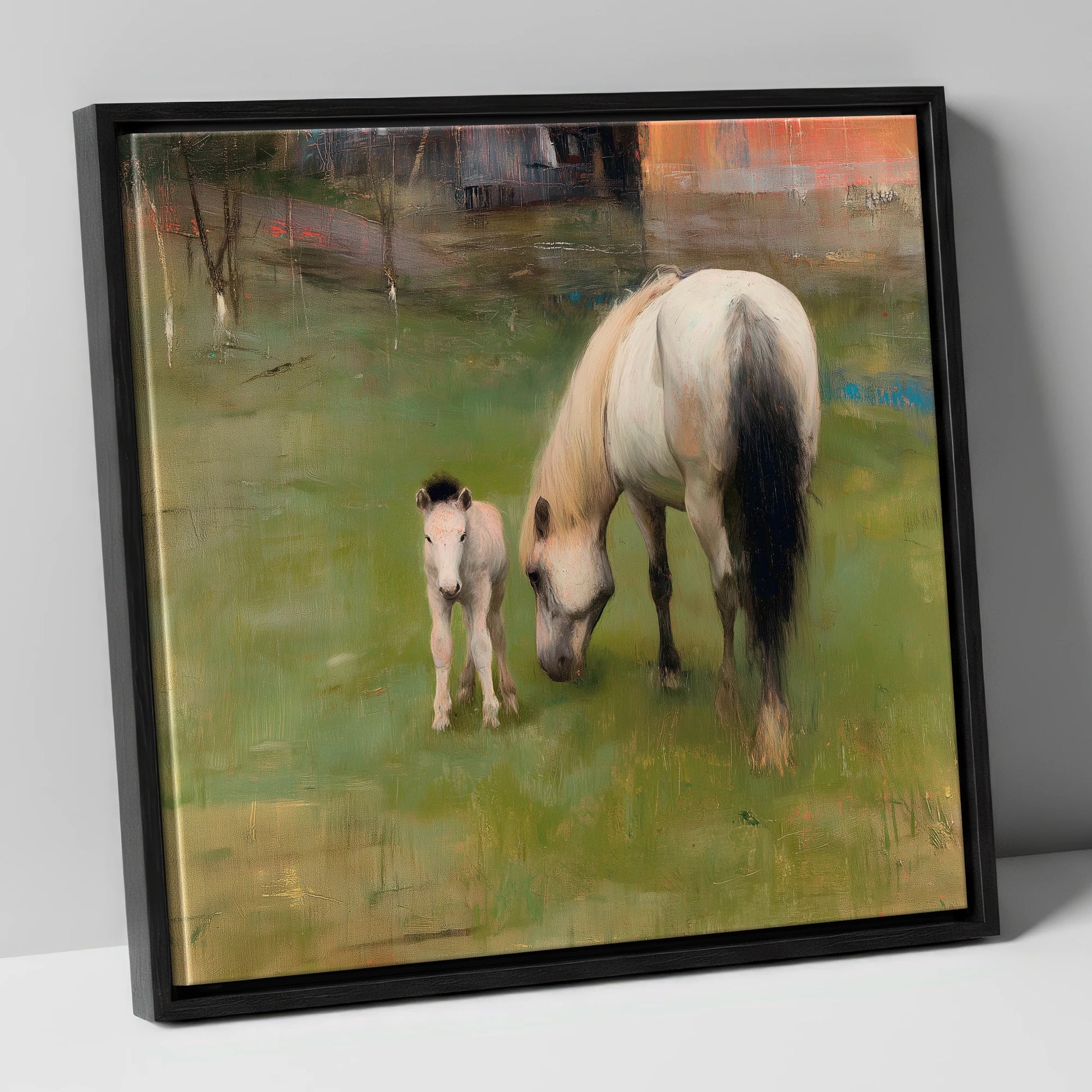 Quiet Pastoral Bond mare & foal canvas wall art in black frame