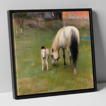 Quiet Pastoral Bond mare & foal canvas wall art in black frame