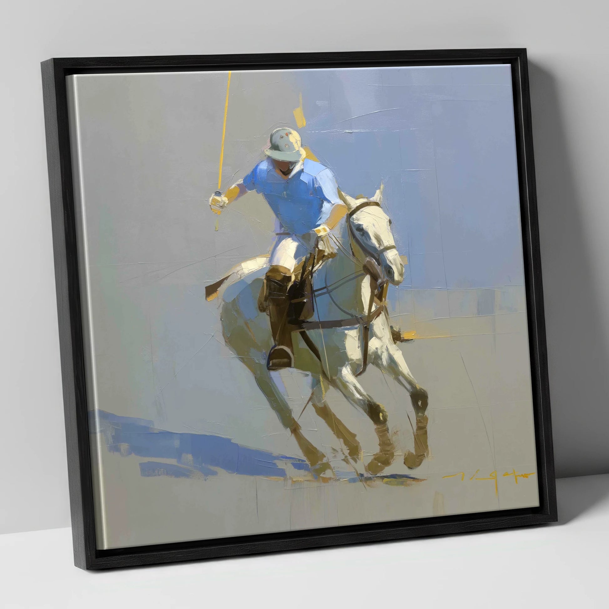 The Decisive Stroke polo horse canvas wall art in black frame