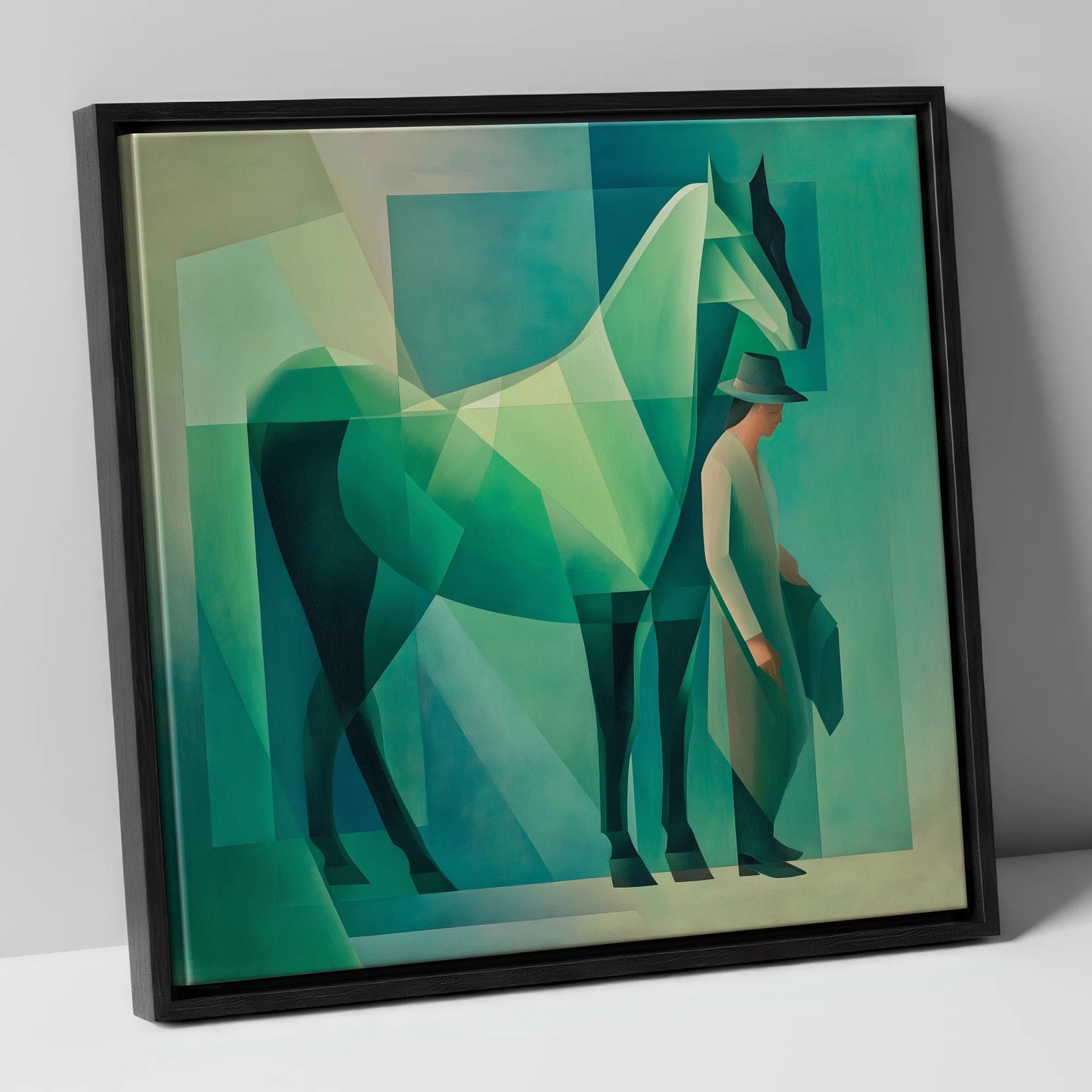 Emerald Geometry horse & rider canvas wall art in black frame