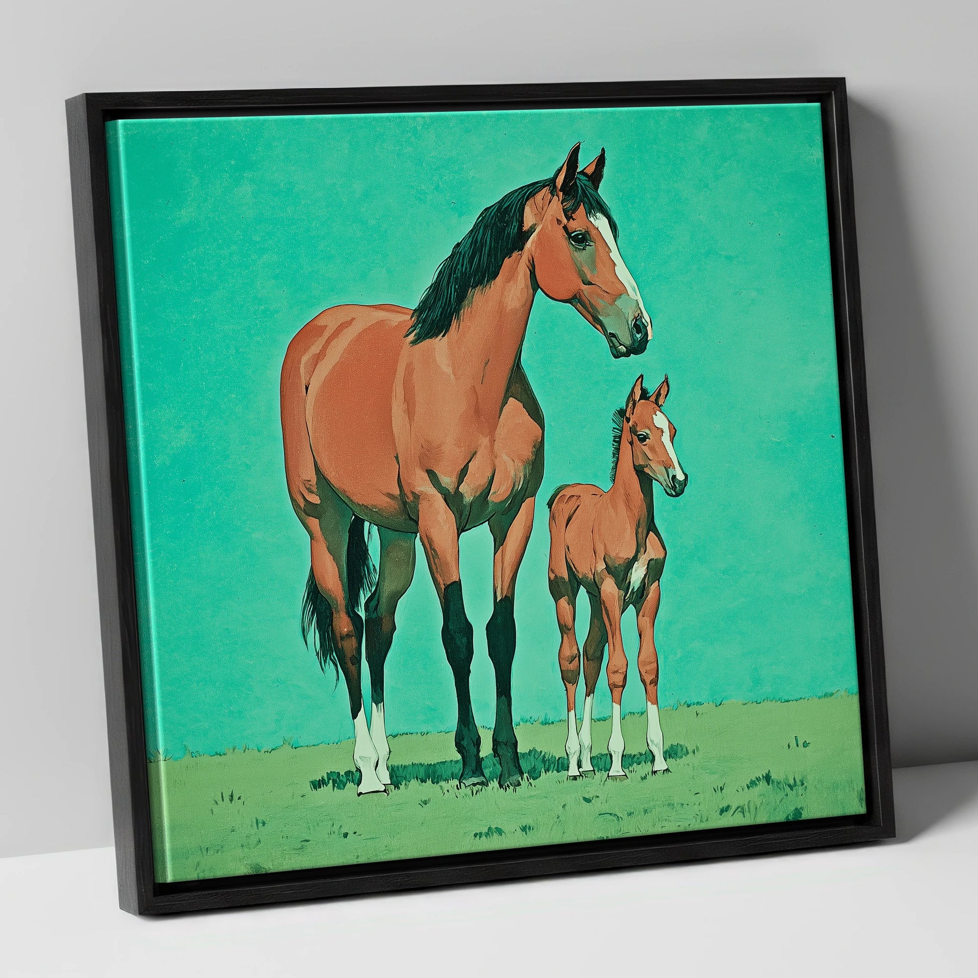 Striking Bay Bloodlines mare & foal canvas wall art in black frame