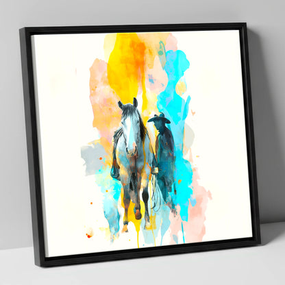 Vibrant Frontier Bond western horse canvas wall art in black frame