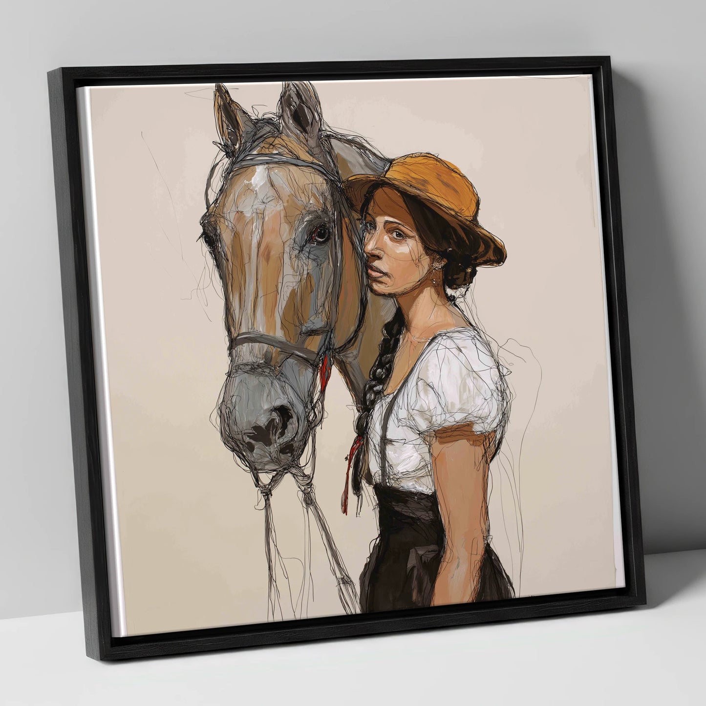 Unspoken Bond horse & rider canvas wall art in black frame