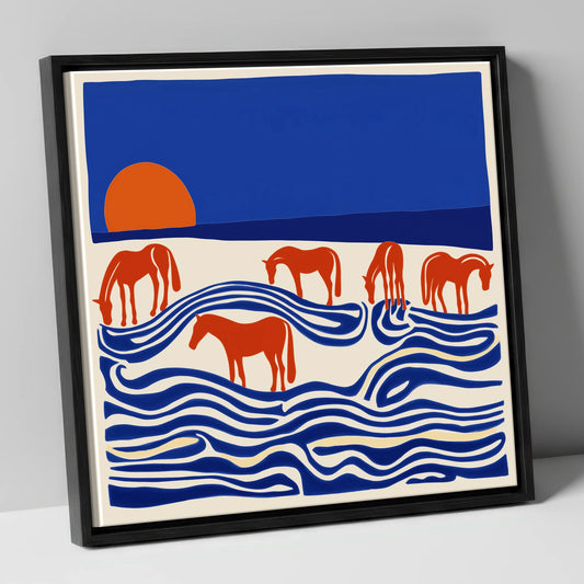 Cobalt Sunset Herd wild horses canvas wall art in black frame
