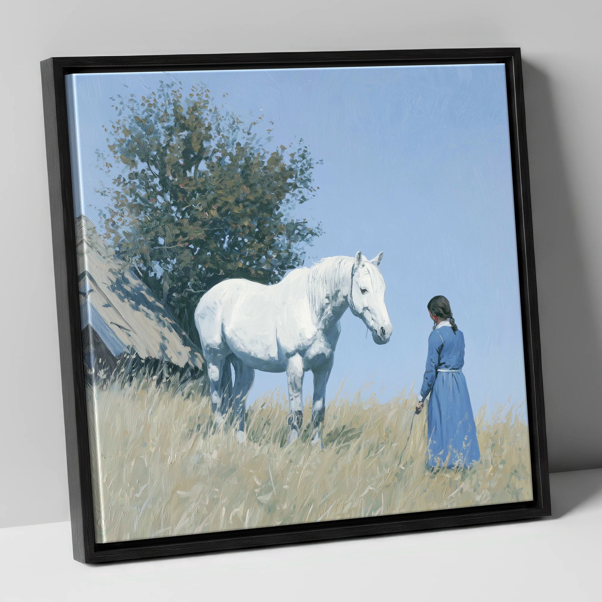 Quiet Companionship horse & rider canvas wall art in black frame