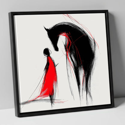 Crimson Bond horse & rider canvas wall art in black frame