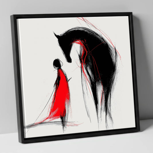 Crimson Bond horse & rider canvas wall art in black frame