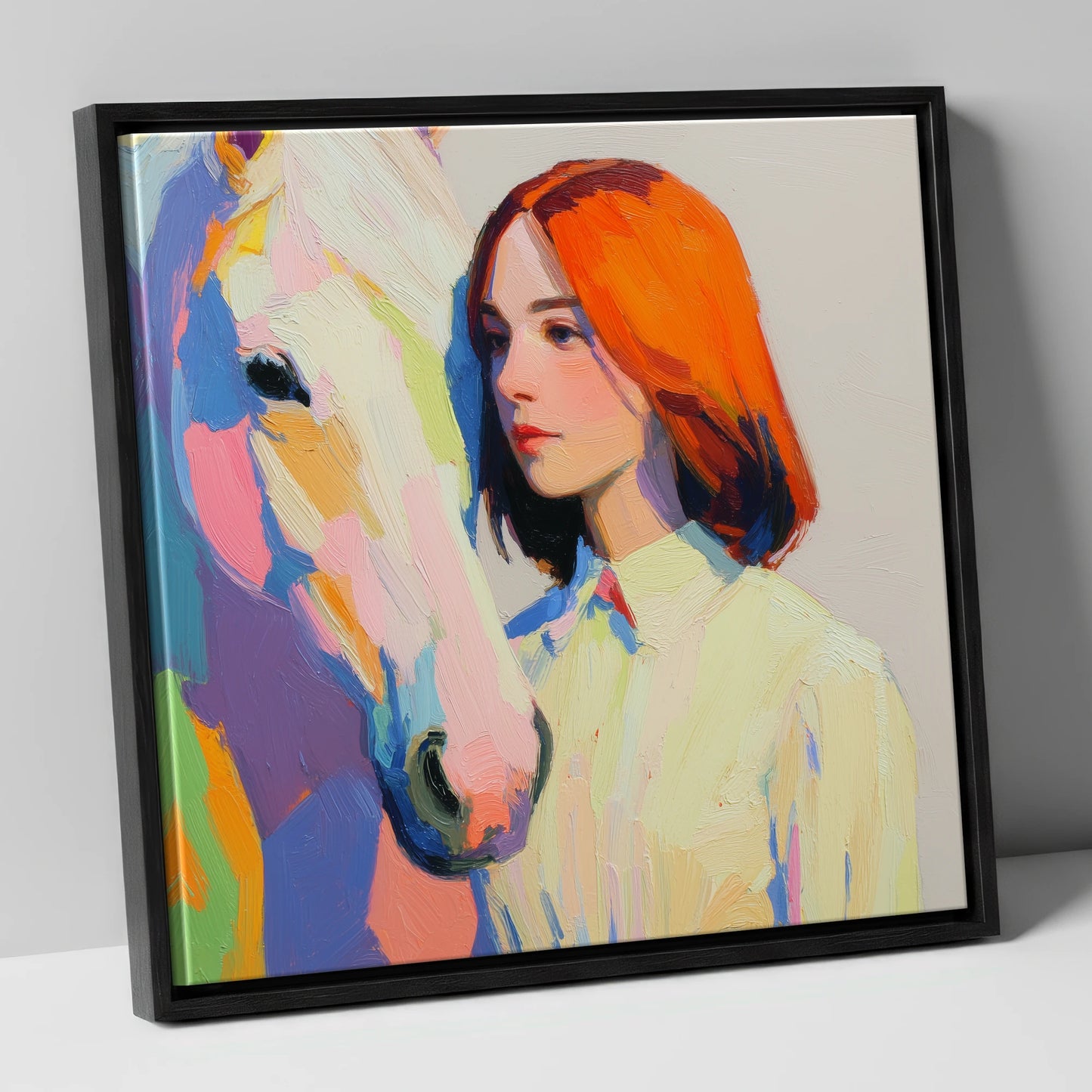 The Colour of Connection horse & rider canvas wall art in black frame