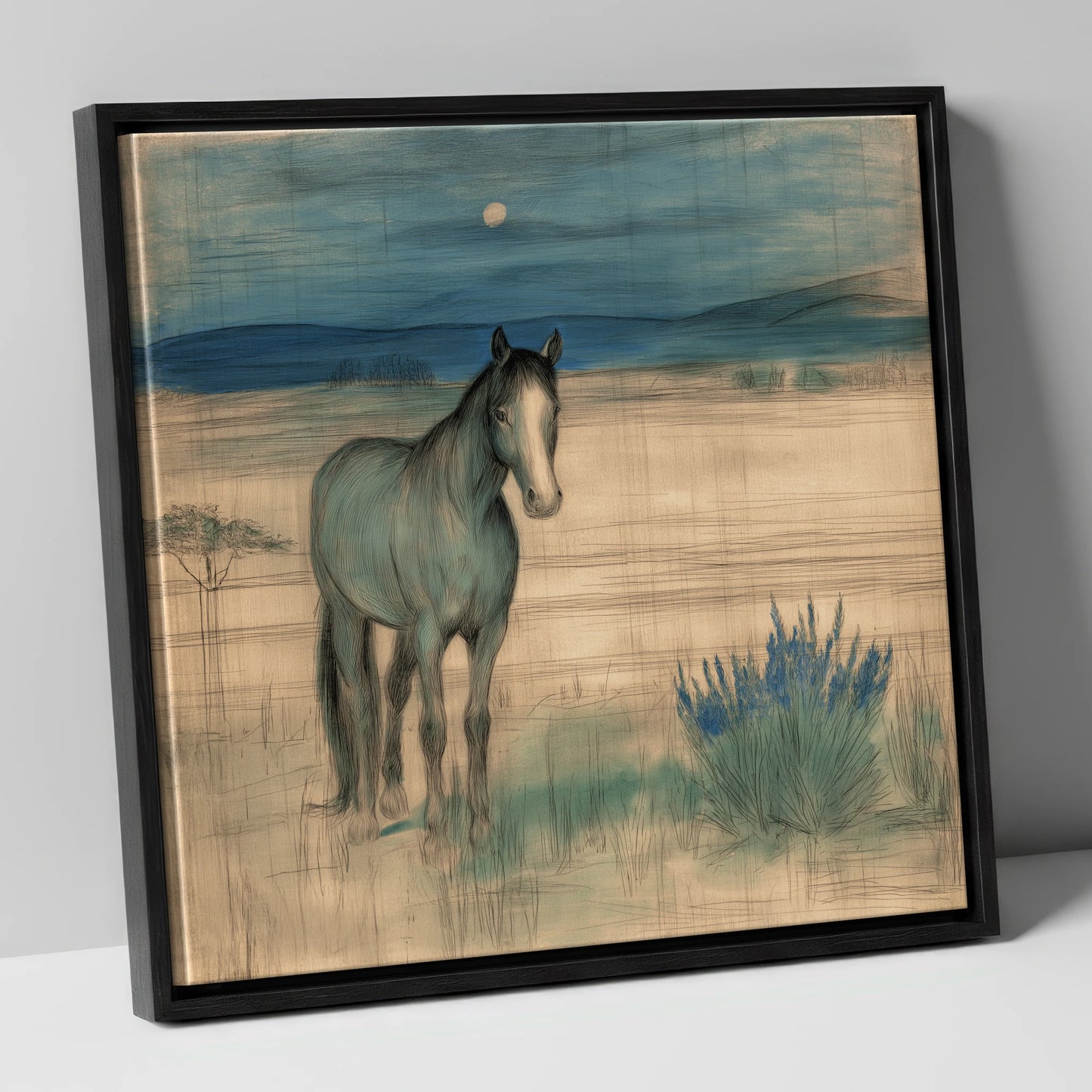 Twilight Moonlit Watch horse landscape canvas wall art in black frame