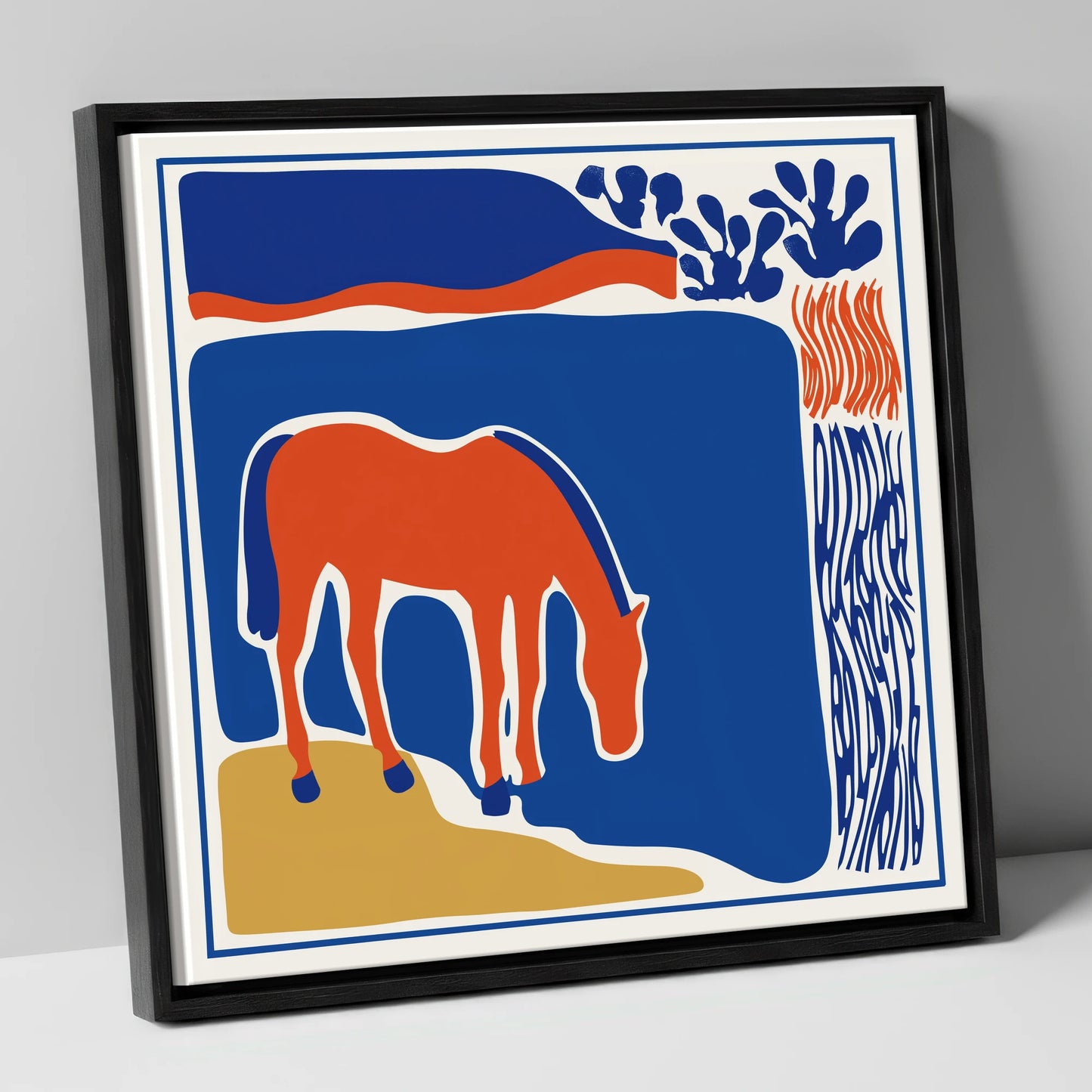 Abstract Azure Grazer horse landscape canvas wall art in black frame
