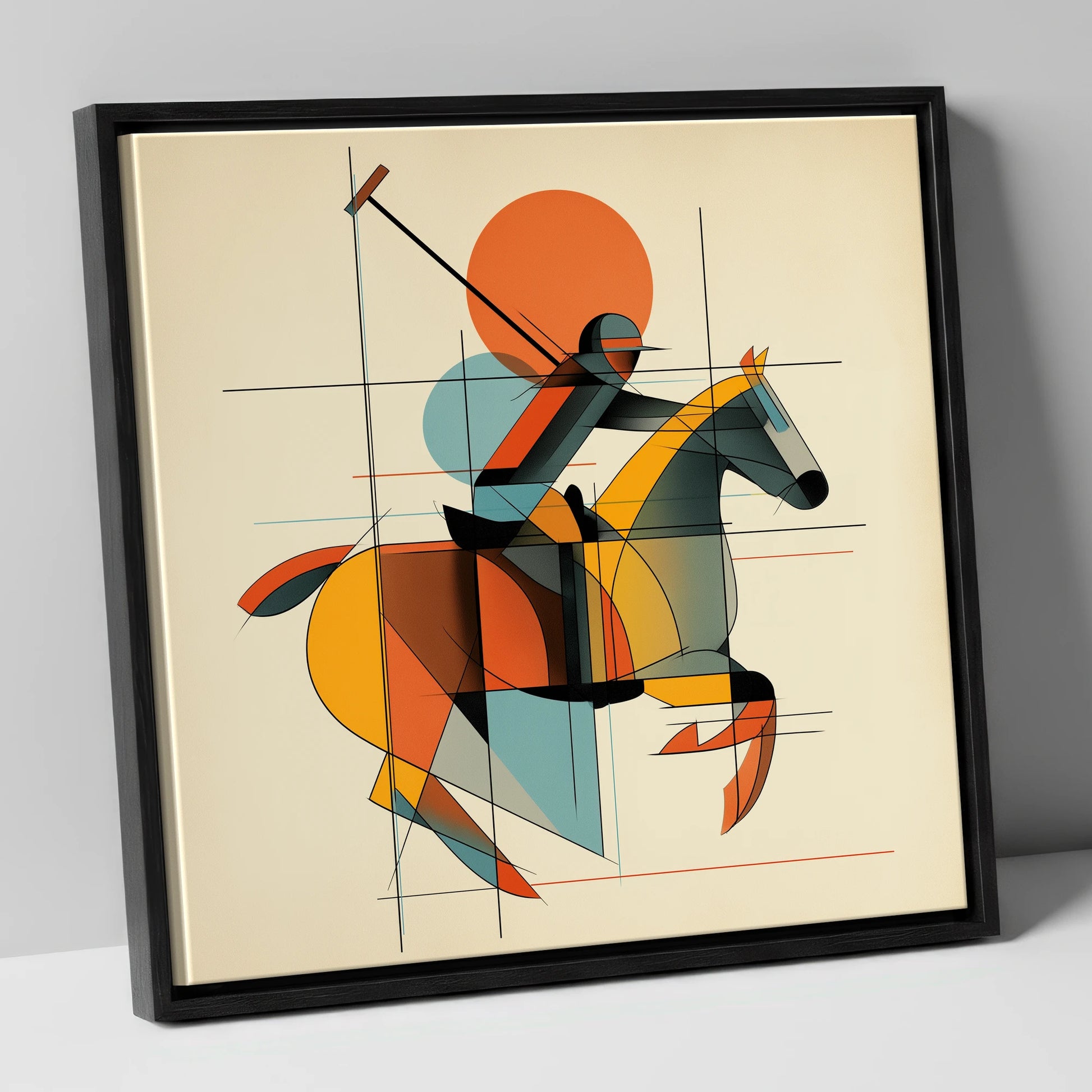 The Geometry of Polo polo horse canvas wall art in black frame
