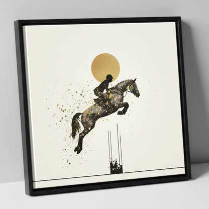 Golden Arc Showjumper show jumping horse canvas wall art in black frame