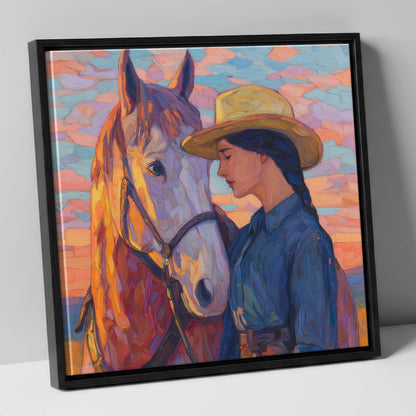 The Sundown Bond horse & rider canvas wall art in black frame