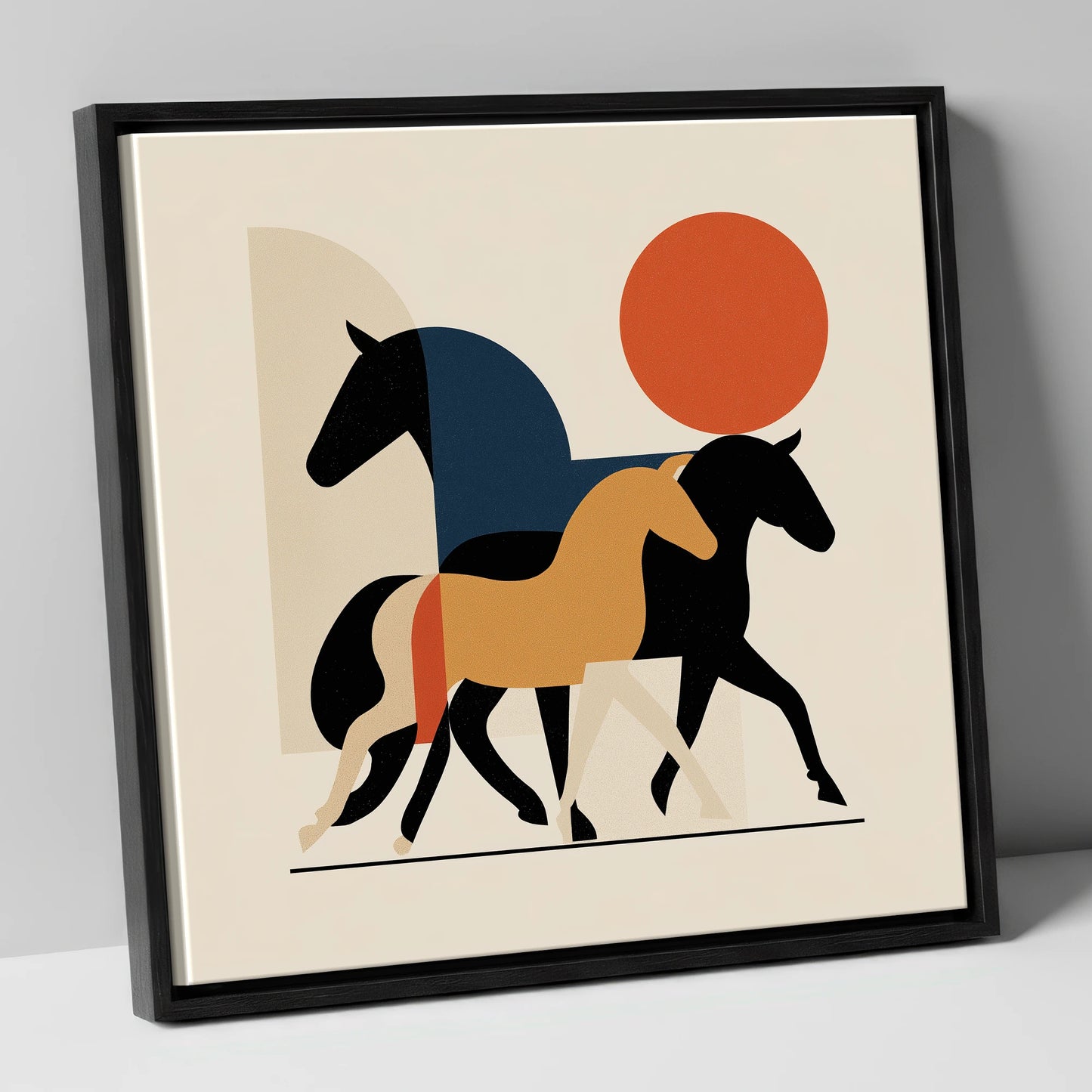 Abstract Equine Trio wild horses canvas wall art in black frame