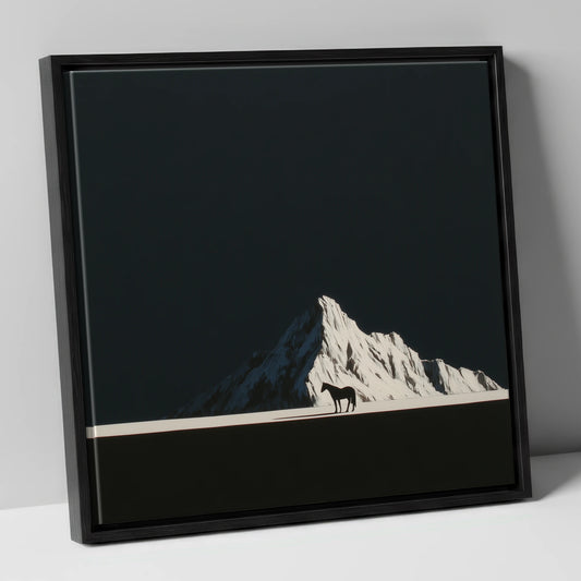 Alpine Solitude horse landscape canvas wall art in black frame