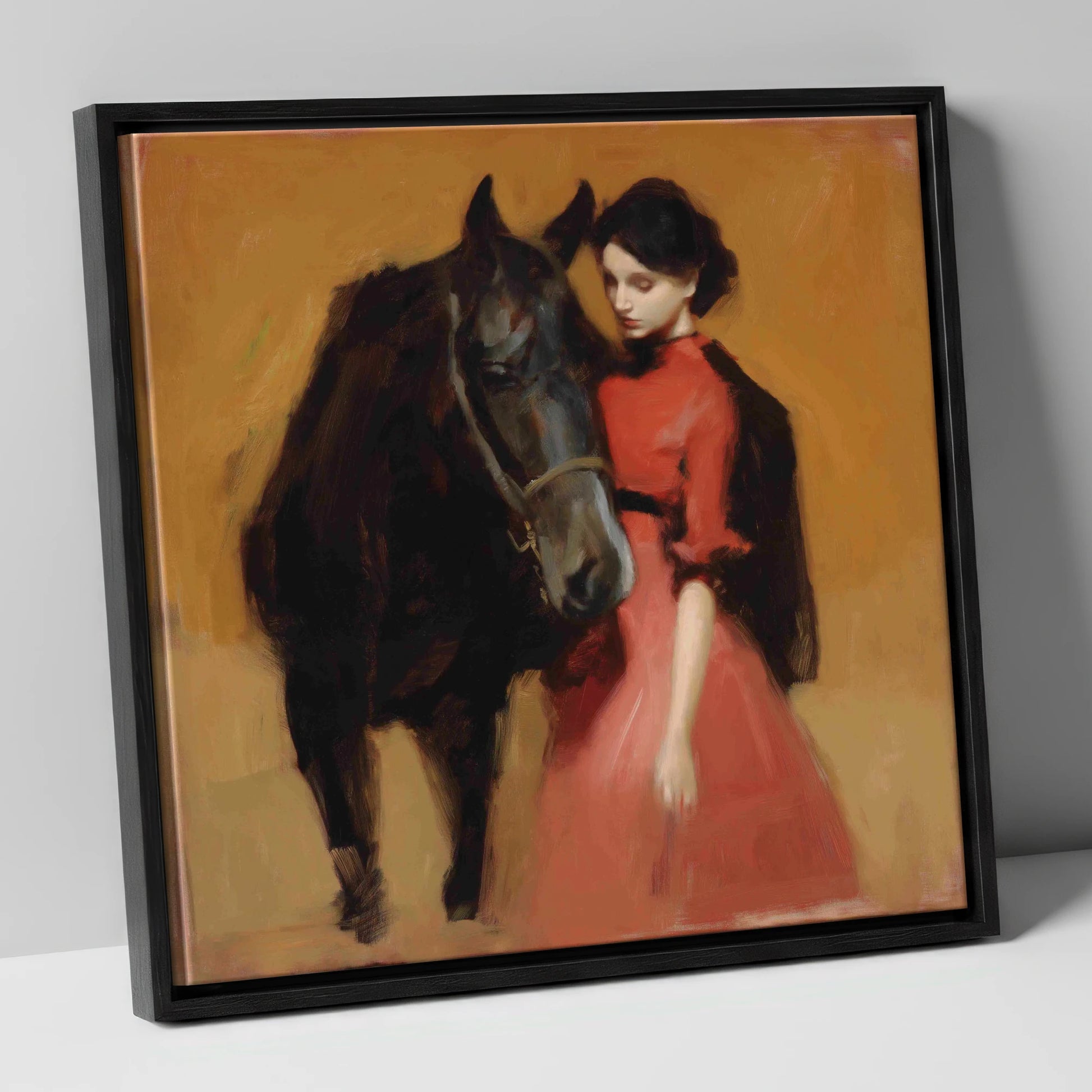 Crimson and Shadow horse & rider canvas wall art in black frame