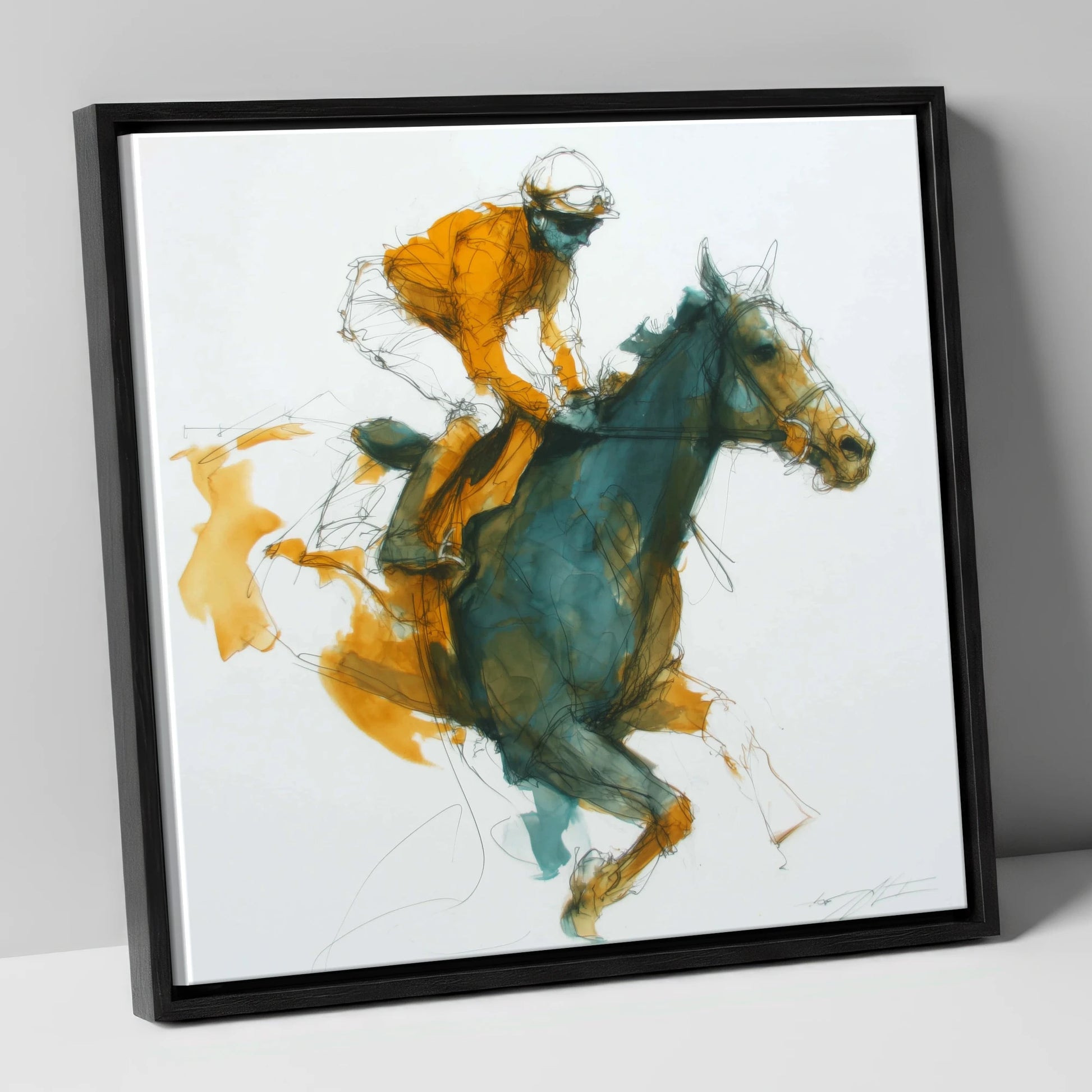 Amber Stride racing horse canvas wall art in black frame