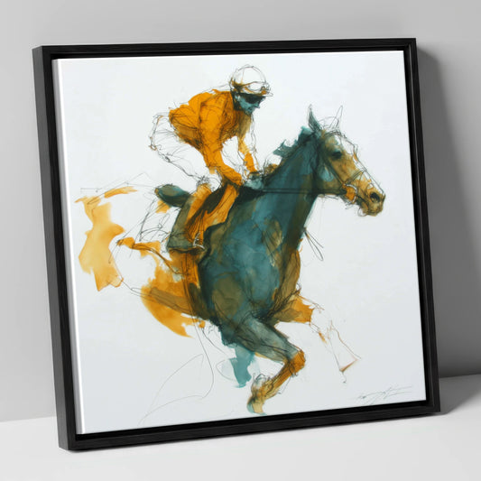 Amber Stride racing horse canvas wall art in black frame