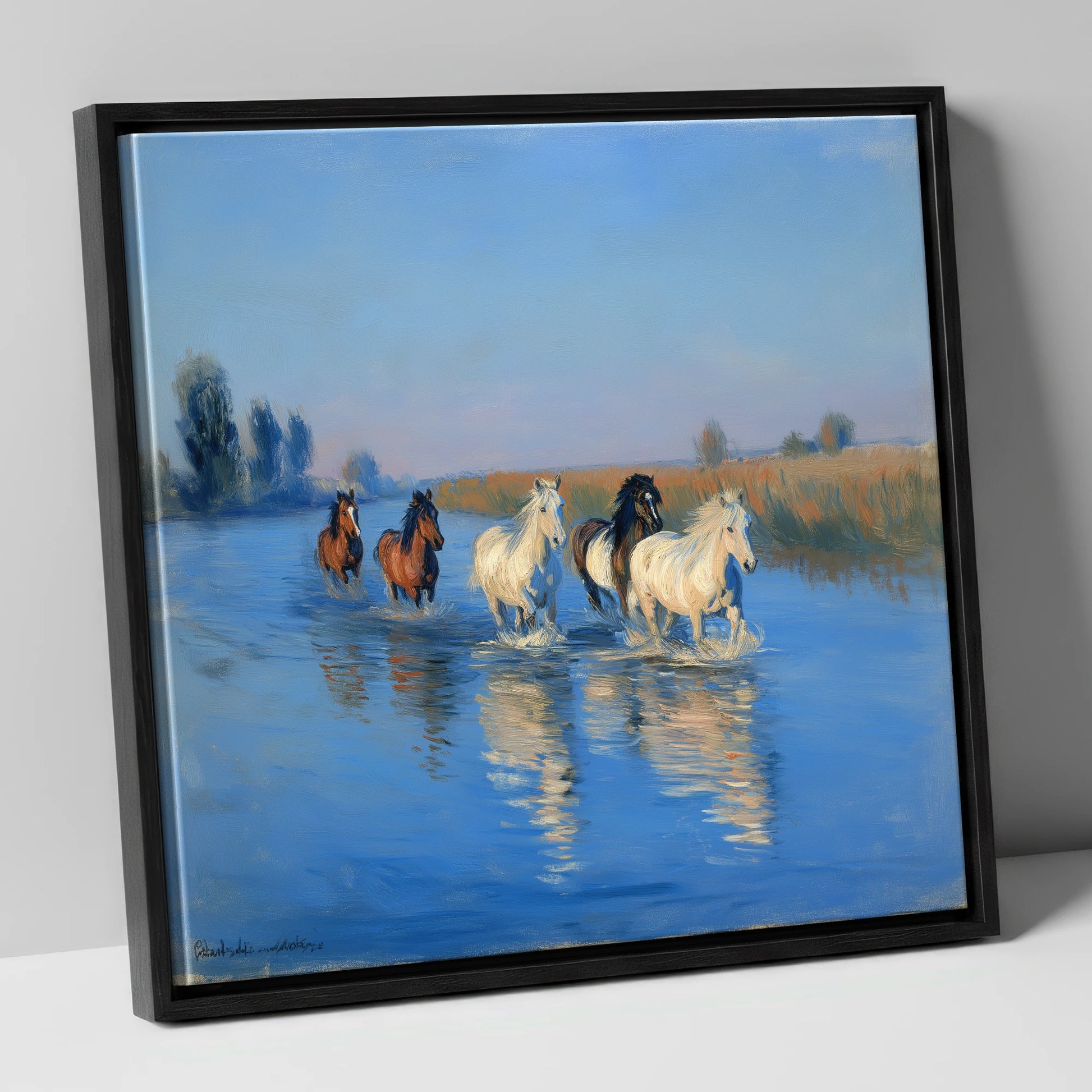 Through the Cerulean Shallows wild horses canvas wall art in black frame