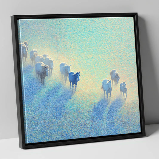 Ethereal Morning Herd wild horses canvas wall art in black frame