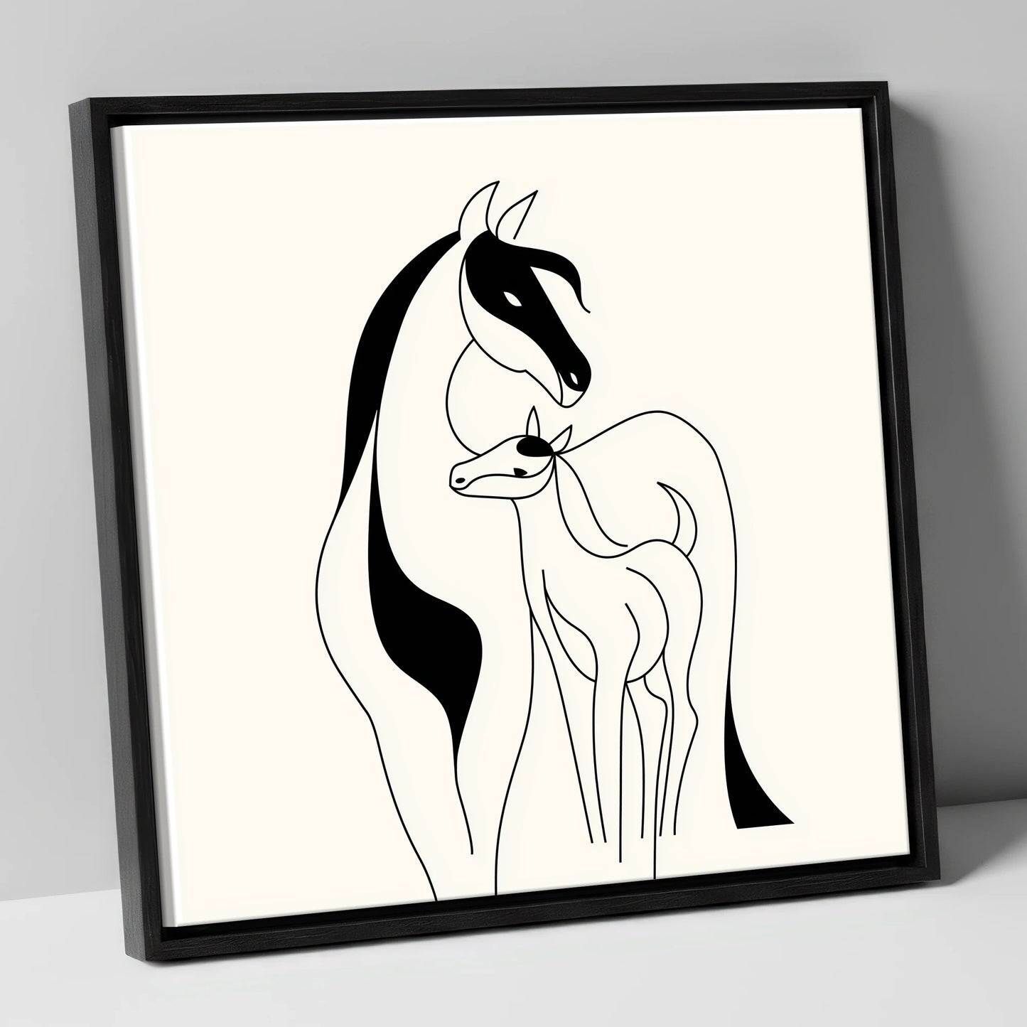Tender Equine Silhouette mare & foal canvas wall art in black frame