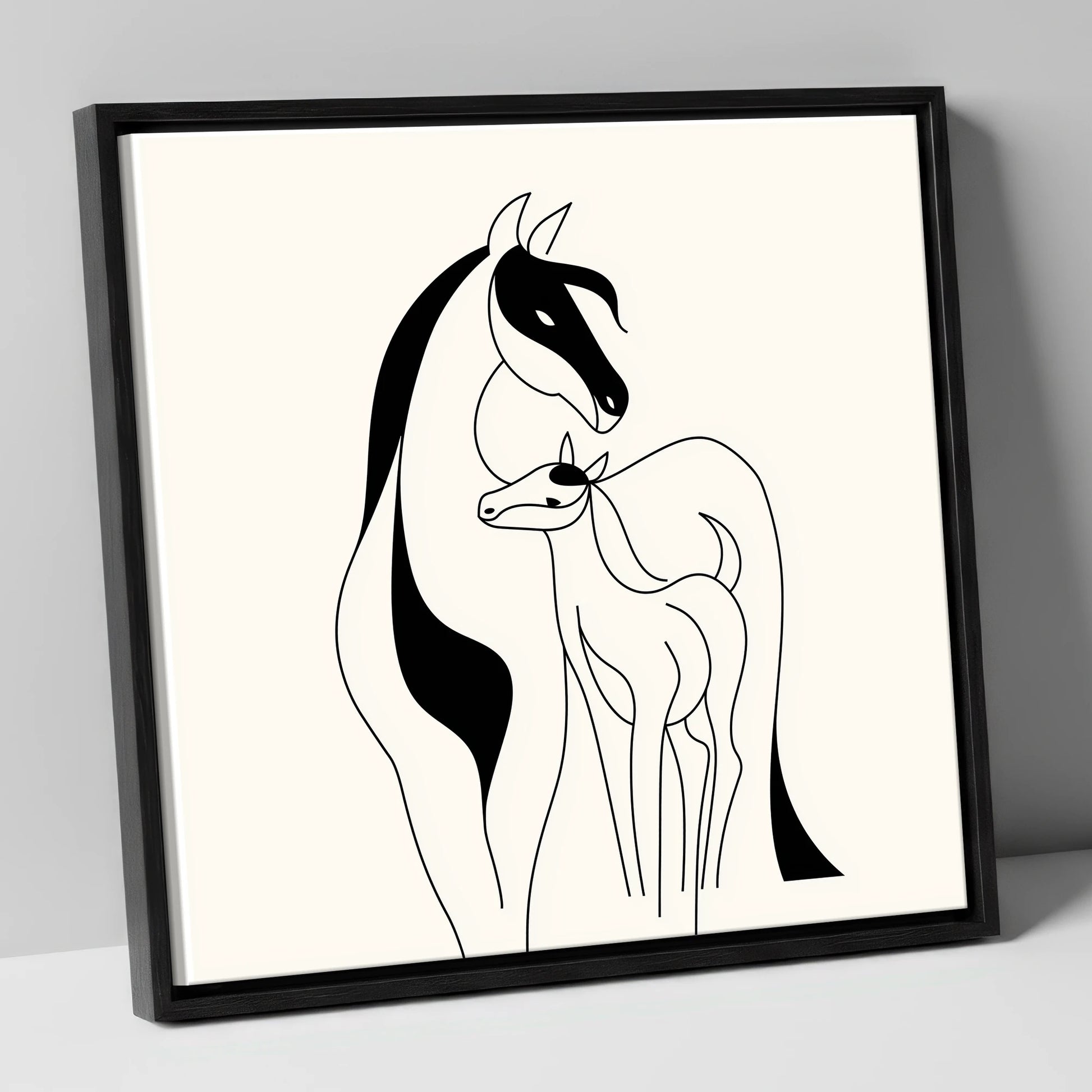 Tender Equine Silhouette mare & foal canvas wall art in black frame