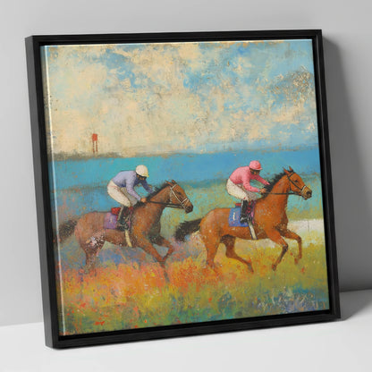 Turf and Tide racing horse canvas wall art in black frame
